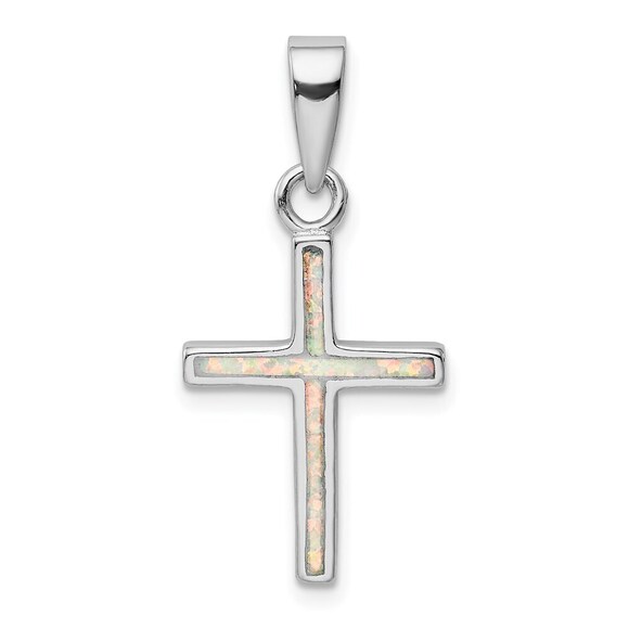 Kazi Luxury Jewelry - Kazi Luxury Sterling Silver Rhodium-plated White Lab Created Opal Cross Pendant